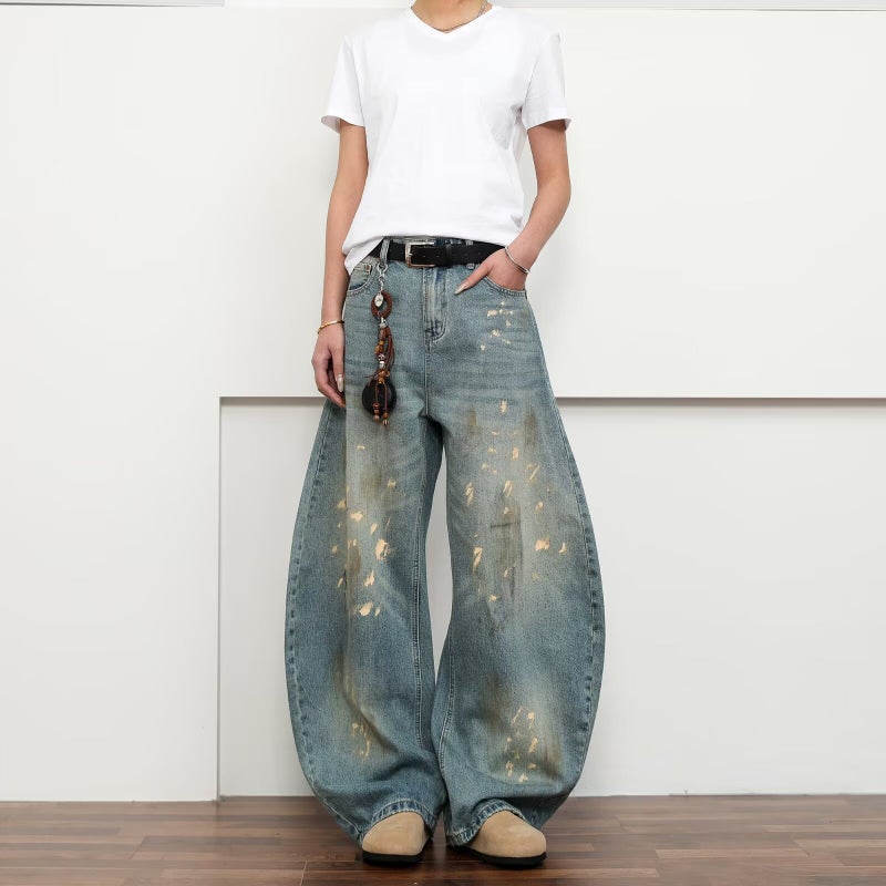 American Retro Splatter Distressed Scimitar Jeans Unisex Ins Niche Trendy Brand Hip-Hop Baggy Loose Long Pants - Image 1